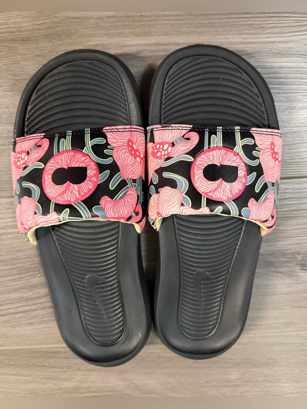 Ladies Nike Black Slide Sandals with Pink Floral Strap
